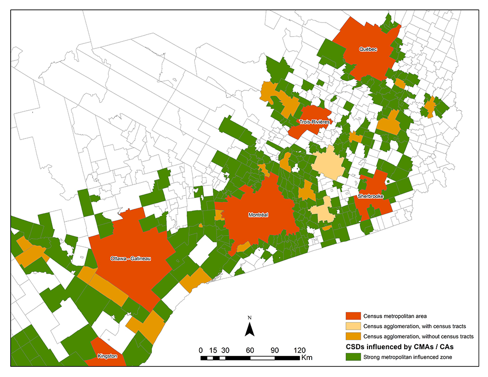 Census subdivisions categorized by strong metropolitan influenced zone in Eastern Ontario and Southwestern Quebec
