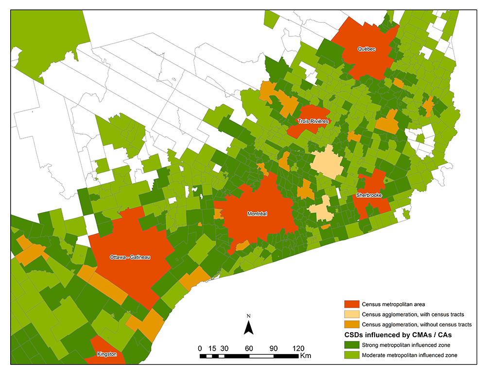 Census subdivisions categorized by strong and moderate metropolitan influenced zones in Eastern Ontario and Southwestern Quebec