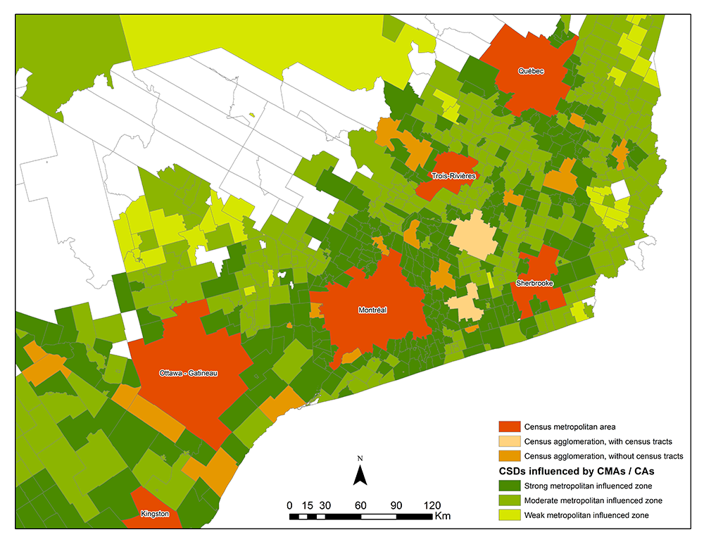 Census subdivisions categorized by strong, moderate and weak metropolitan influenced zones in Eastern Ontario and Southwestern Quebec