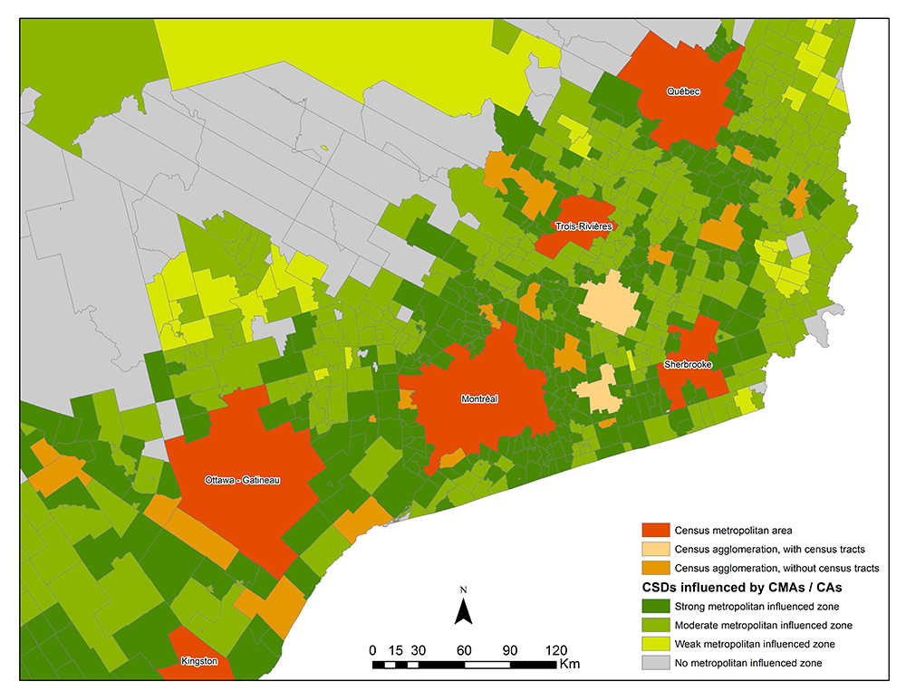 Census subdivisions categorized by strong, moderate, weak and no metropolitan influenced zones in Eastern Ontario and Southwestern Quebec