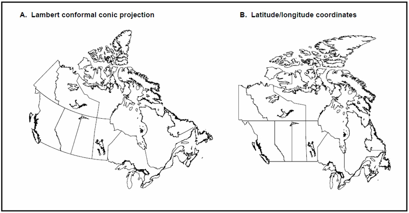 Figure 3.2 Example of a map projection and unprojected coordinates