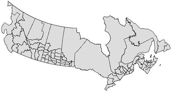 Map showing all the Census Agricultural Regions in Canada