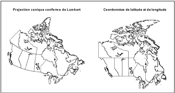 Figure 2.1 Exemple de projection cartographique et de coordonnées non projetées