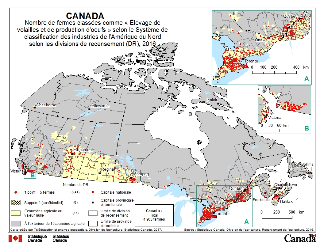 Nombre de fermes classées comme « Élevage de volailles et de production d'oeufs » selon le Système de classification des industries de l'Amérique du Nord selon les divisions de recensement (DR), 2016