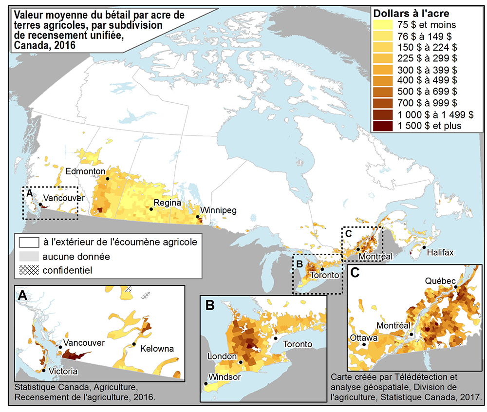 Carte 3 Valeur moyenne du bétail par acre de terres agricoles, par subdivision de recensement unifiée, Canada, 2016