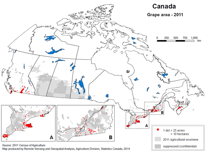 Map 1 Grape area in 2011, Canada