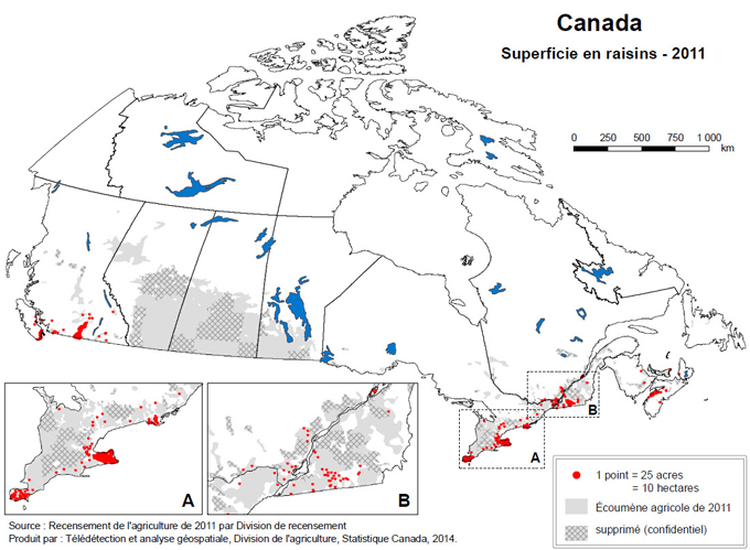 Carte 1 Superficie consacrée au raisin en 2011, Canada