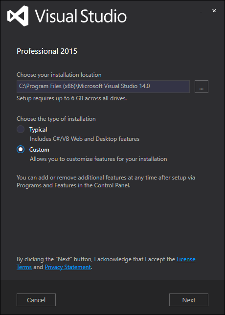 Capture d'écran d'Installation de Visual Studio 2015 : Étape 2