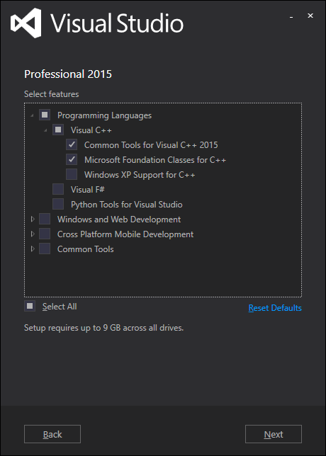 Capture d'écran d'Installation de Visual Studio 2015 : Étape 3
