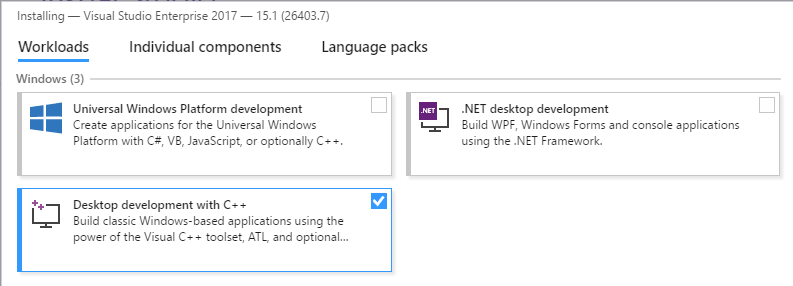 Screenshot of Installing Visual Studio 2017: Step 3