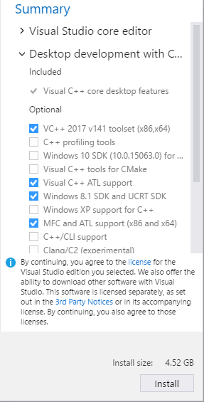 Screenshot of Installing Visual Studio 2017: Step 4
