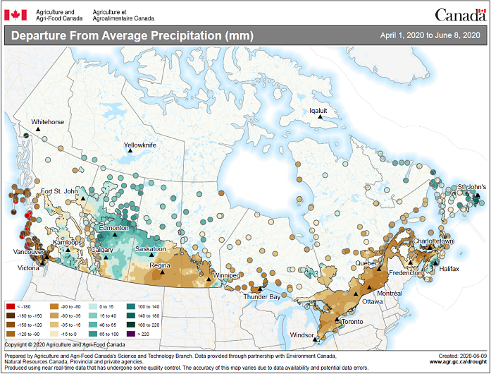 Thumbnail for map 1: Departure from average precipitation (in millimetres) from April 1 to June 8, 2020 (during seeding and collection), compared with annual average, by province
