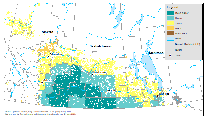 Thumbnail for map 3: Vegetation growth index as of the week of July 20, 2020 (during data collection), compared with normal, by census division, for Western Canada