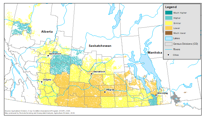 Thumbnail for map 3: Vegetation growth index as of August 24 to 30, 2020, compared with the normal vegetation index, by census division, for Western Canada