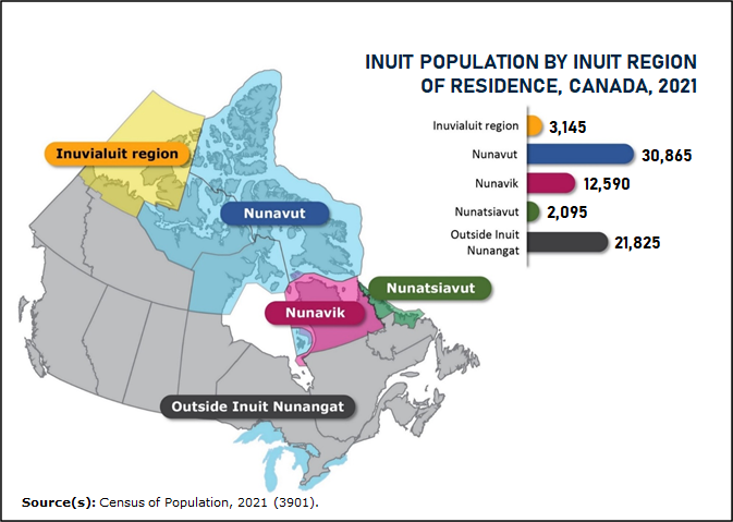 Thumbnail for map 3: Nunavut home to largest Inuit population in Canada, while number of Inuit living outside Inuit Nunangat on the rise