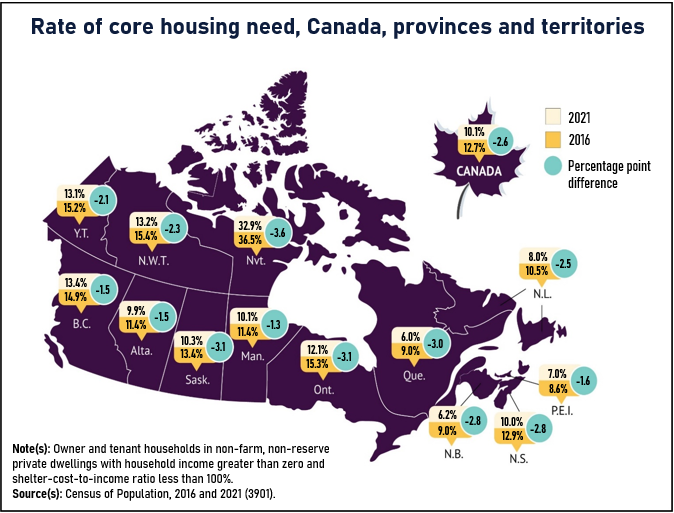 Thumbnail for map 5: Core housing need rates fall across the provinces and territories, from 2016 to 2021