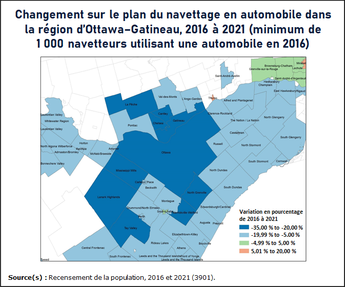 Vignette de la carte 1: Le navettage en automobile diminue dans toute la région d'Ottawa–Gatineau en mai 2021
