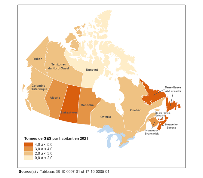 Vignette de la carte 1: Émissions de gaz à effet de serre des ménages par habitant, selon la province ou le territoire, 2021