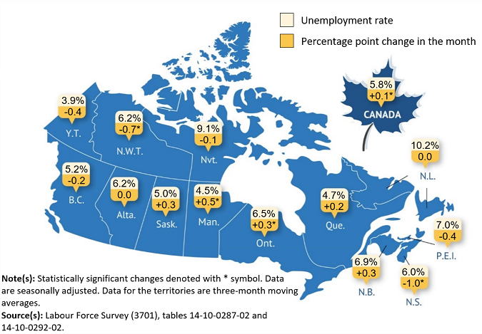 Thumbnail for map 1: Unemployment rate by province and territory, February 2024