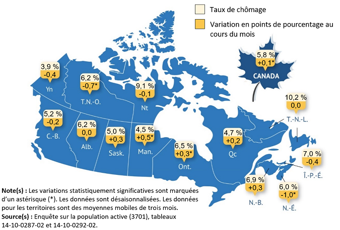 Vignette de la carte 1: Le taux de chômage par province et territoire, février 2024