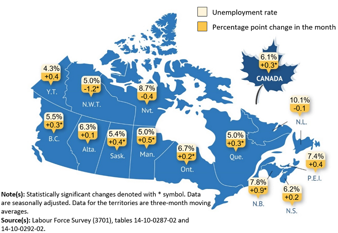 Thumbnail for map 1: Unemployment rate by province and territory, March 2024