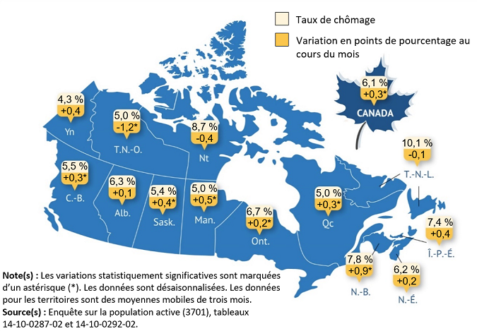 Vignette de la carte 1: Le taux de chômage par province et territoire, mars 2024