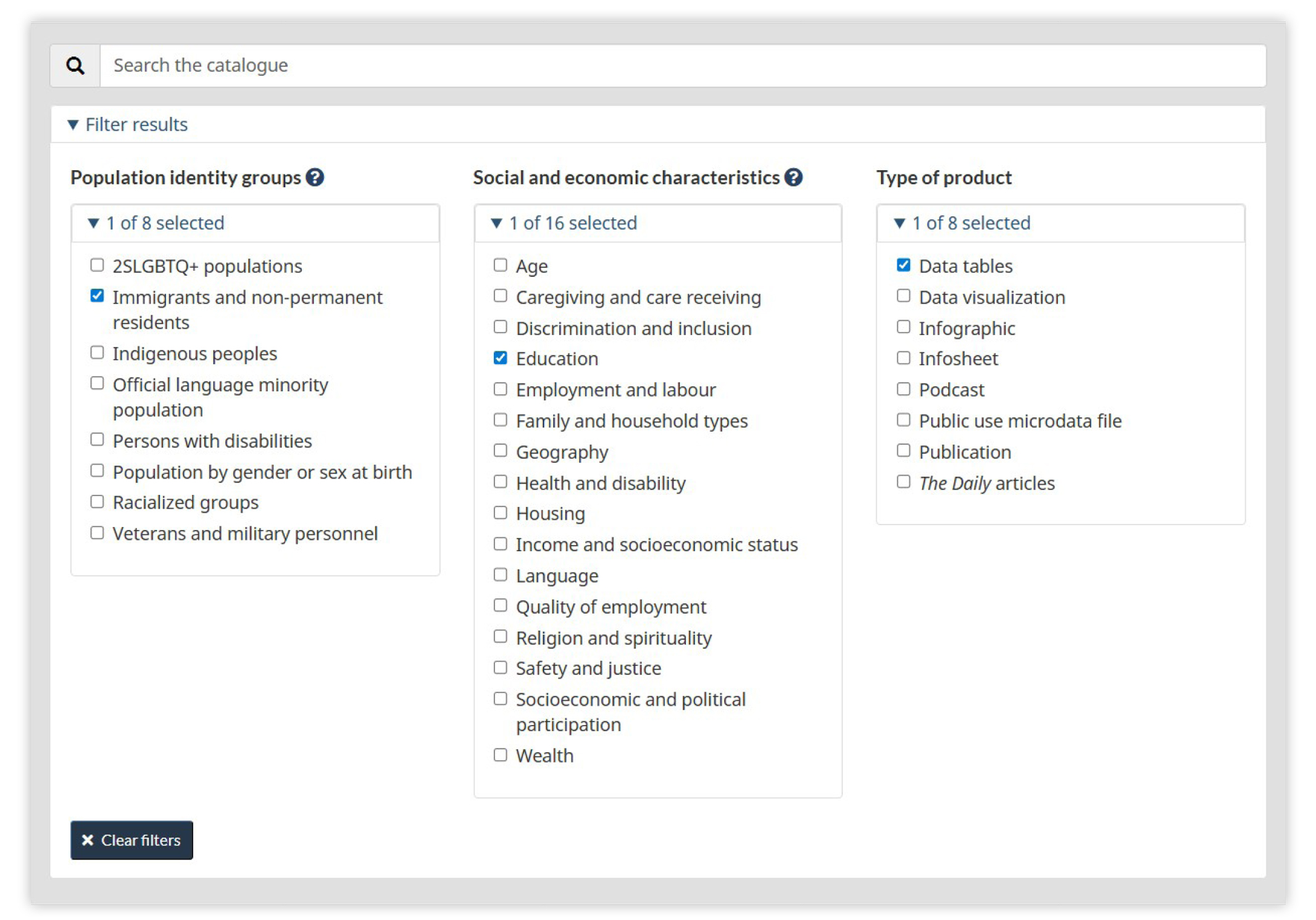 Figure 5 - Gender, Diversity and Inclusion Statistics catalogue filters