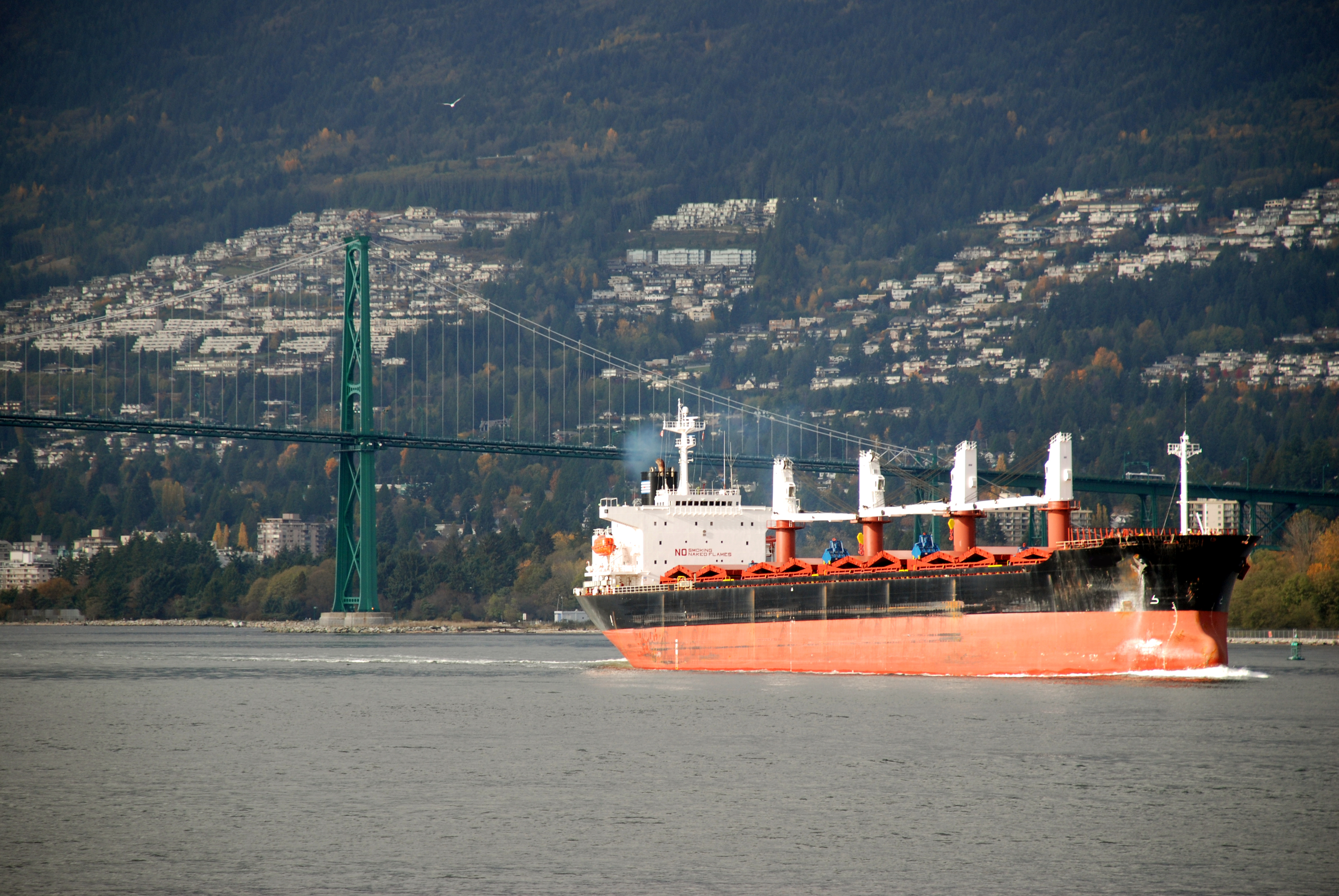 Un porte-conteneurs passant sous le pont Lions Gate, à Vancouver 