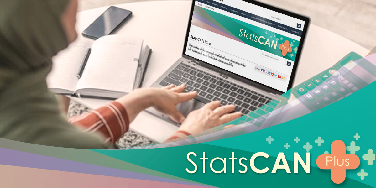 personne utilisant un ordinateur portable, logo de StatsCan Plus en dessous