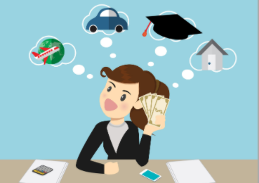 Représentation graphique montrant une personne qui tient de l’argent et qui réfléchit à des avions, à des voitures, à une remise de diplôme, à une maison