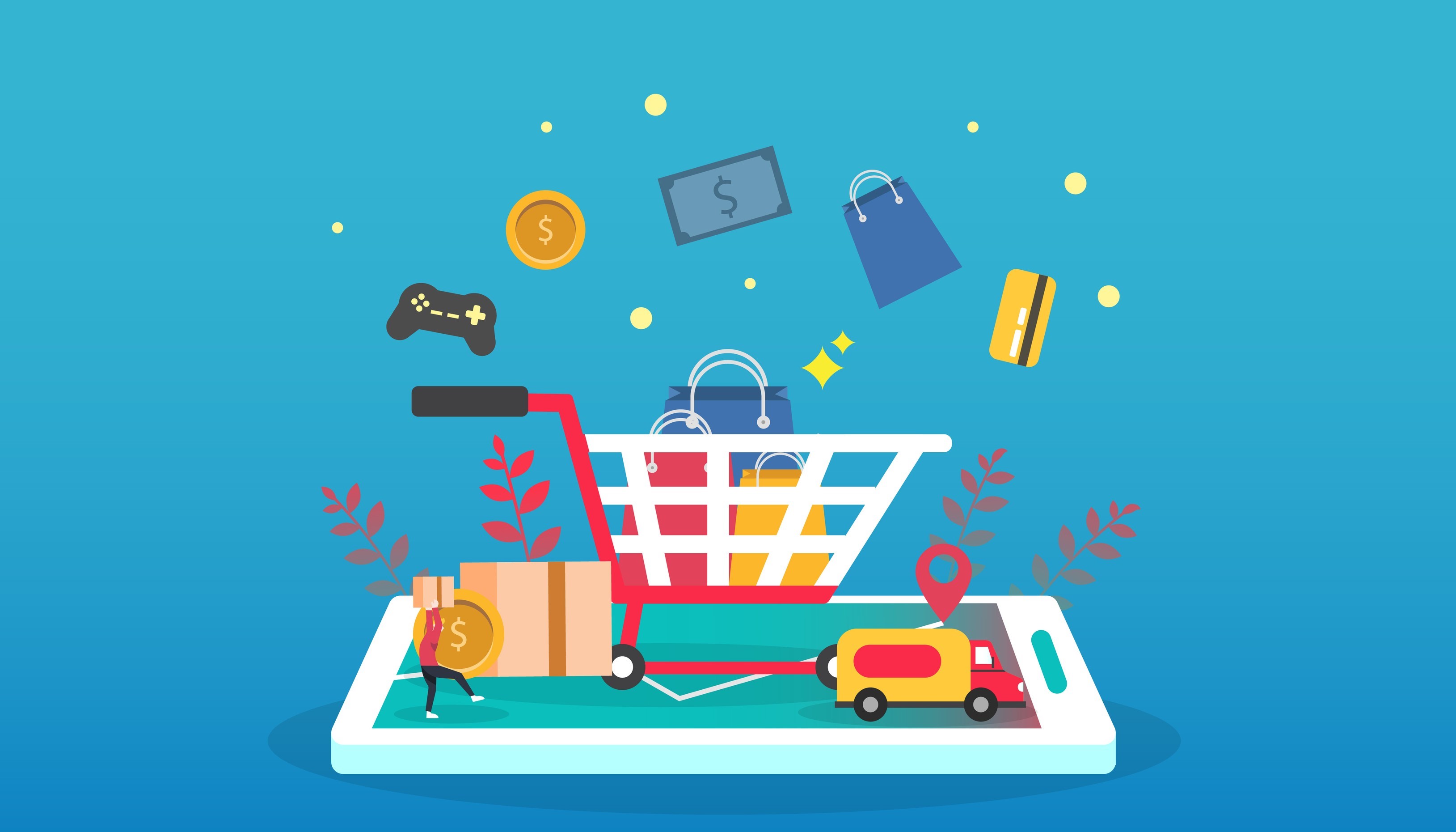 Graphic image showing a cell phone, a shopping cart and other shopping icons.