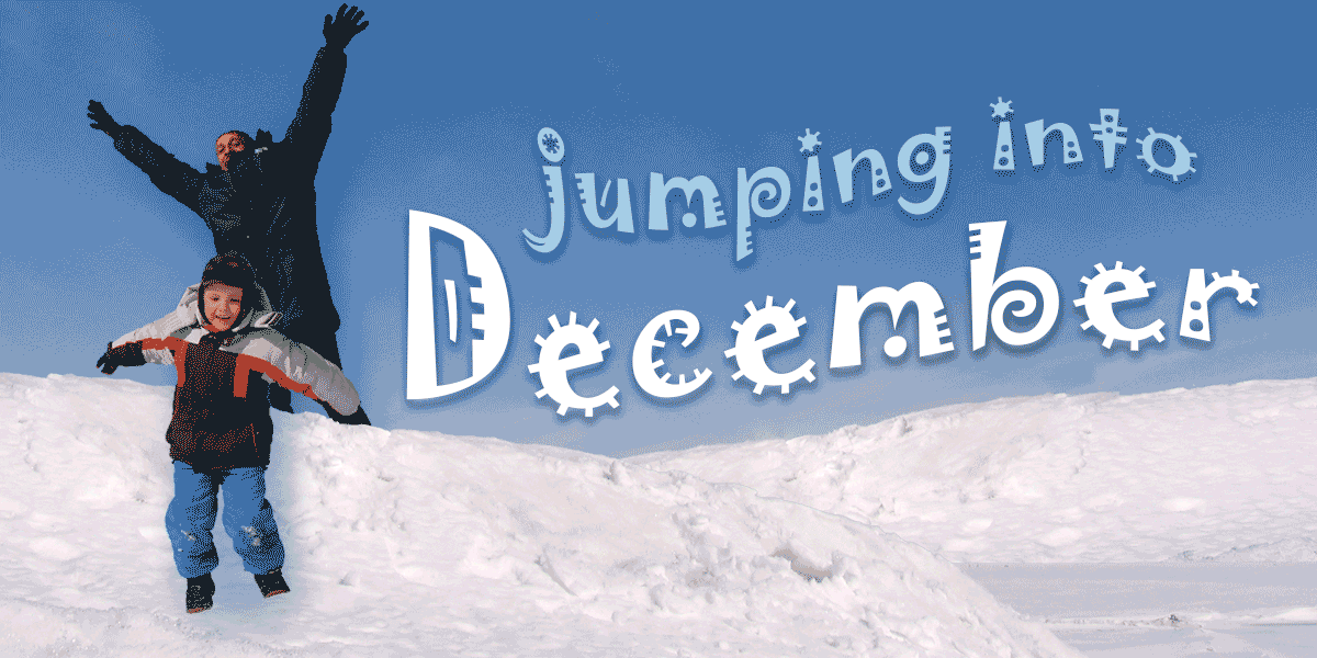 Jumping into December Happy family jumping over snow under a blue sky.