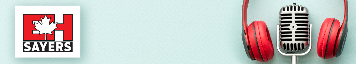 Microphone and headphones next to Eh Sayers podcast branding image.