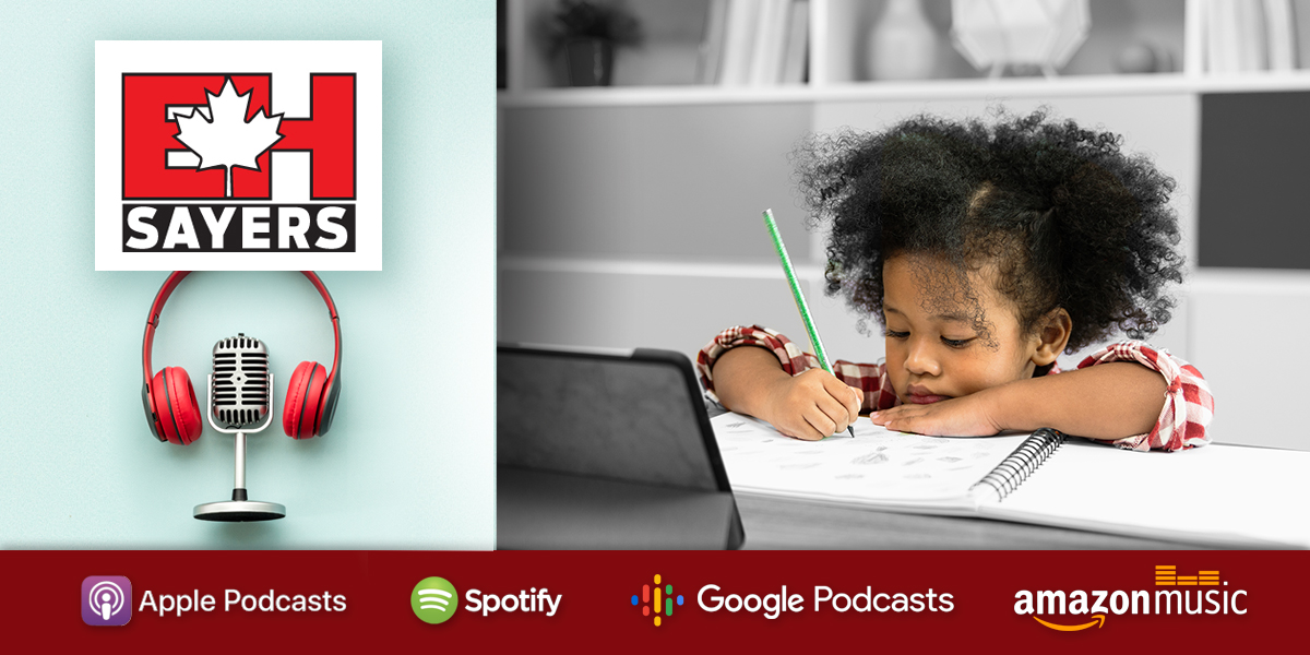 Image of a young girl holding a pencil and writing in a notebook. Branding image of the Statistics Canada EH Sayers podcast, headphones and microphone. Listen on: Apple Podcasts, Spotify, Google Podcasts, Amazon Music