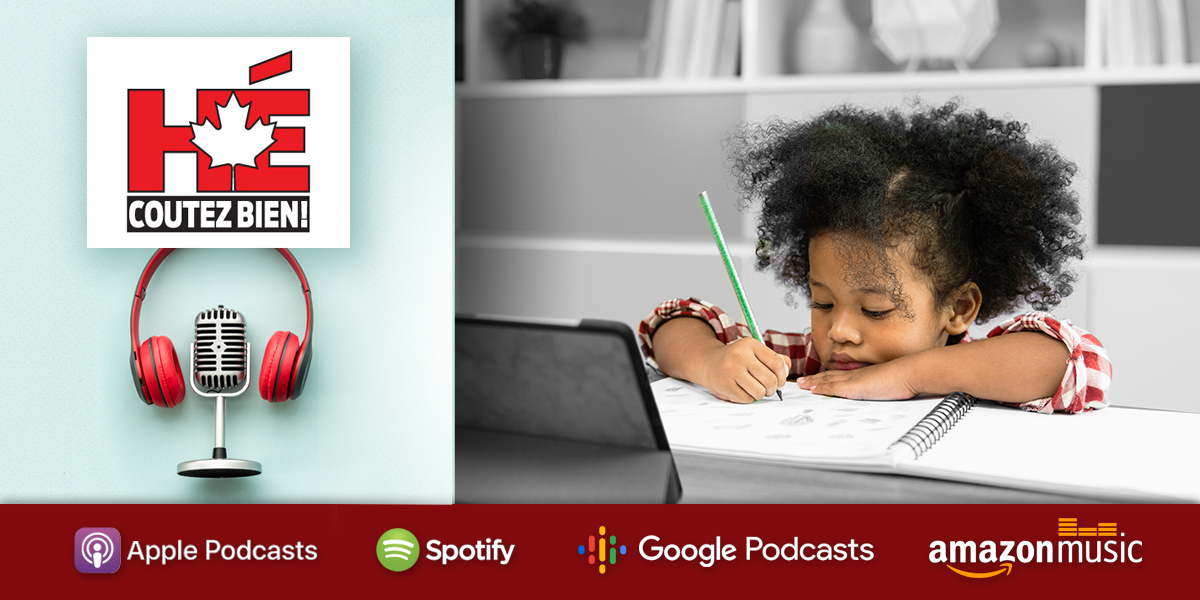 À gauche, l’image de marque du balado de Statistique Canada, un casque d’écoute et un microphone. À droite, une petite fille tenant un crayon et écrivant dans un cahier.