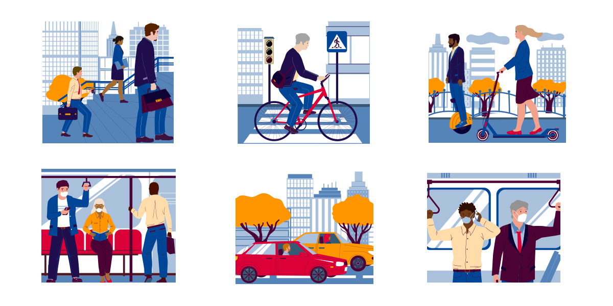 Graphic image showing people walking, cycling, taking the bus, driving cars, riding scooters. 