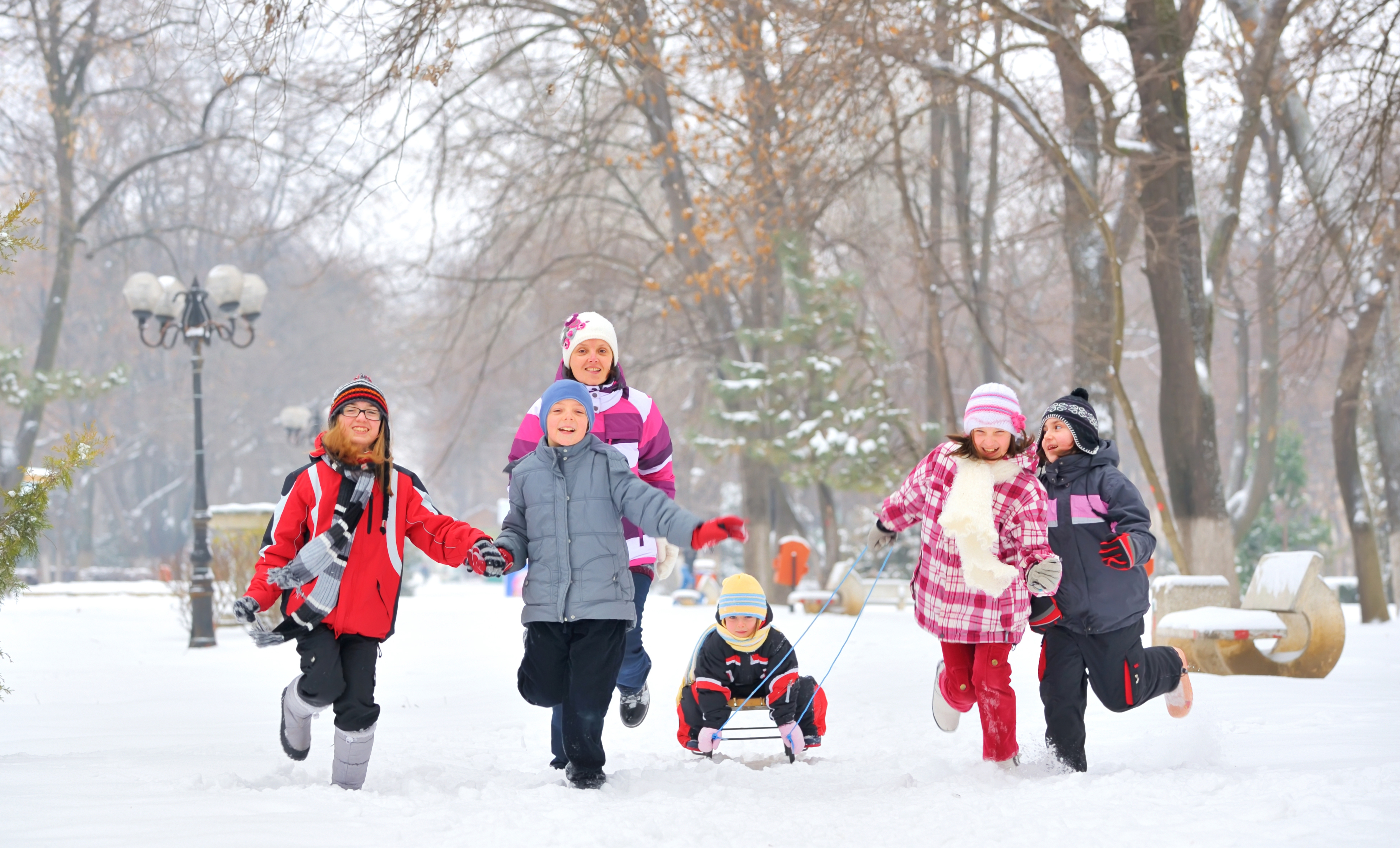 Children playing in a snowy park.