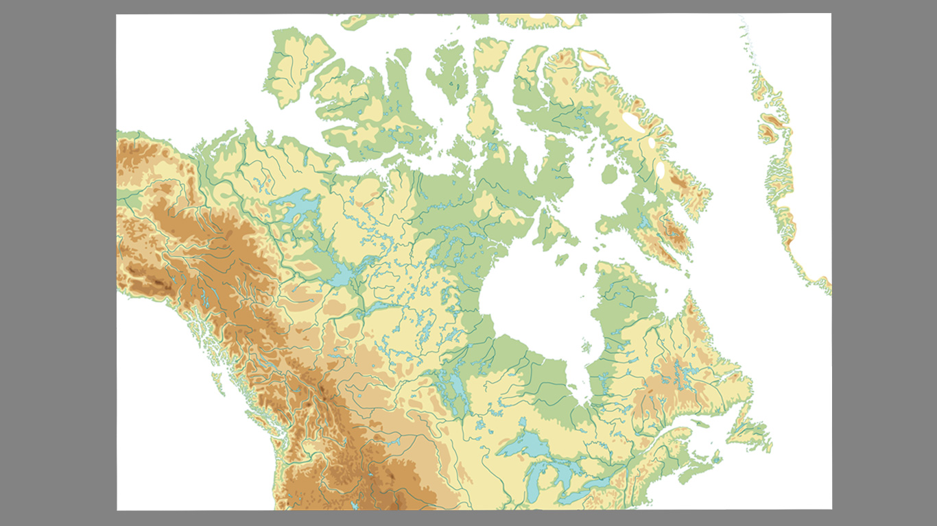 Carte qui montre les caractéristiques géographiques du Canada.