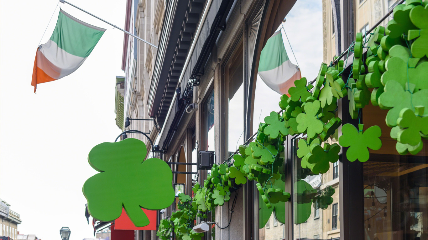 A traditional Irish pub decorated with clover.