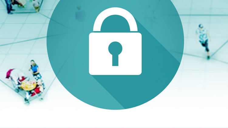 Lock icon, with people walking in a mall in the background.