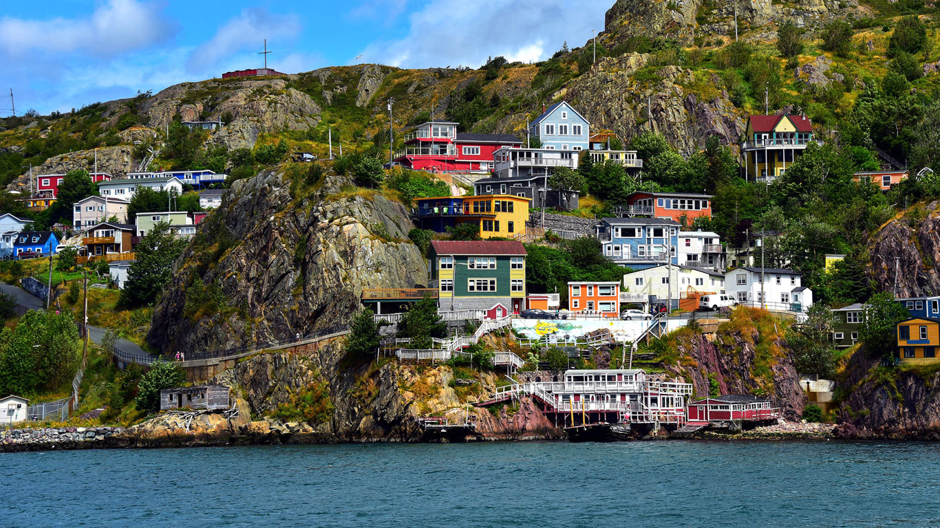 Colourfully painted houses next to the sea in Bounty Bay, St. John’s, Newfoundland and Labrador