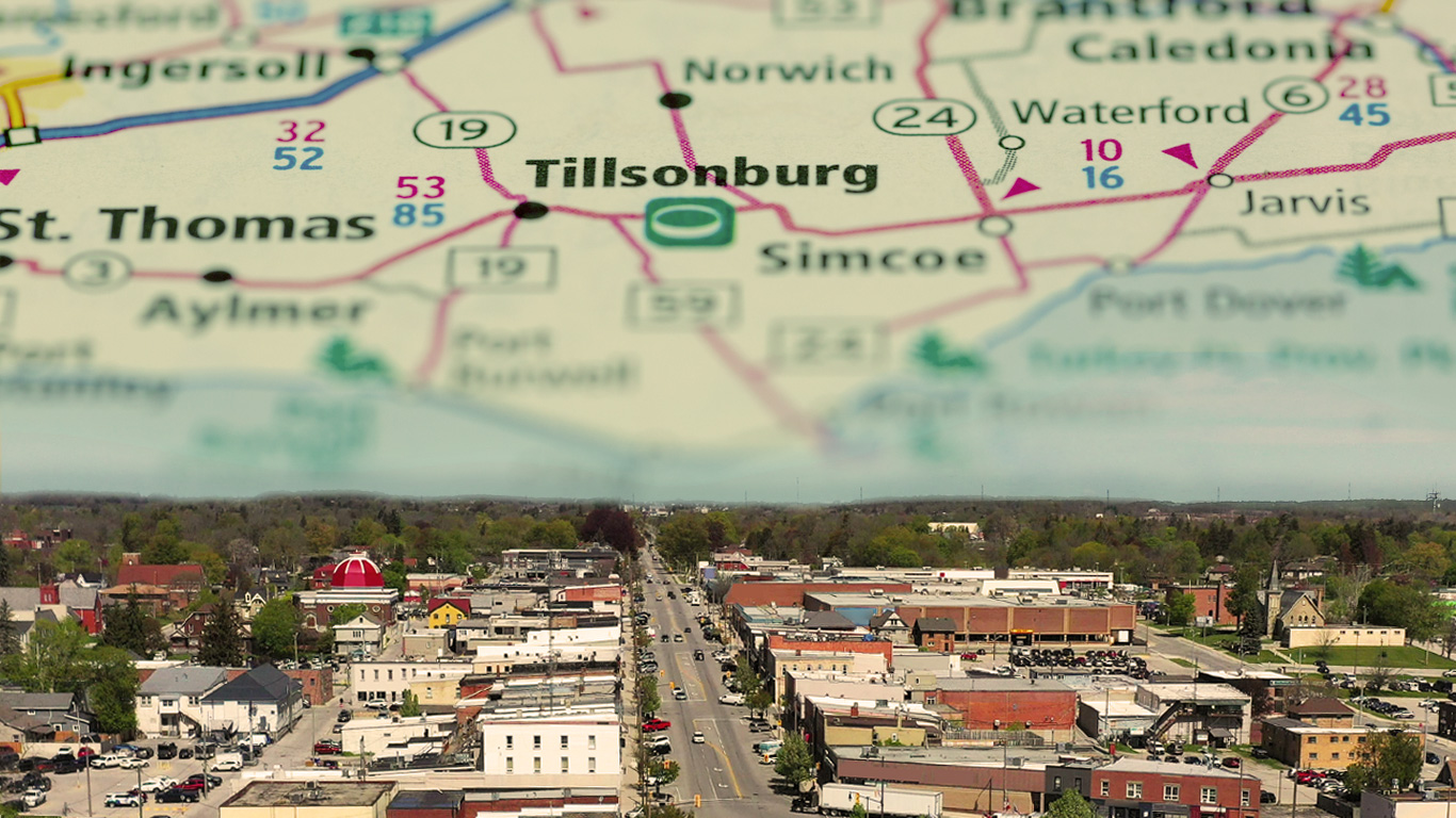 An aerial view of Tillsonburg, Ontario.