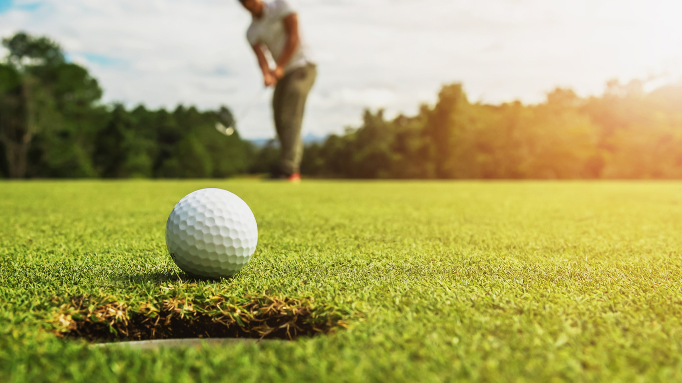 Golfer putting ball to hole.