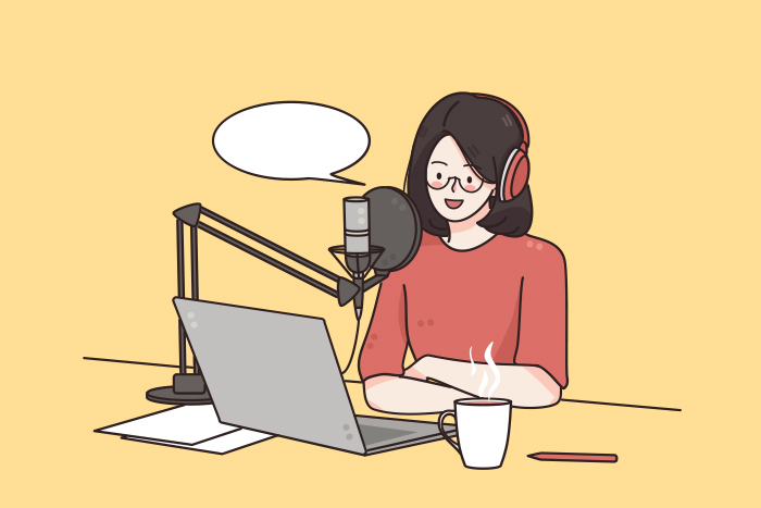 Illustration of smiling character sitting recording podcast on their laptop computer with headphones and microphone. 