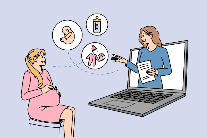 Illustration d'une femme enceinte en consultation par webcam avec un gynécologue. 