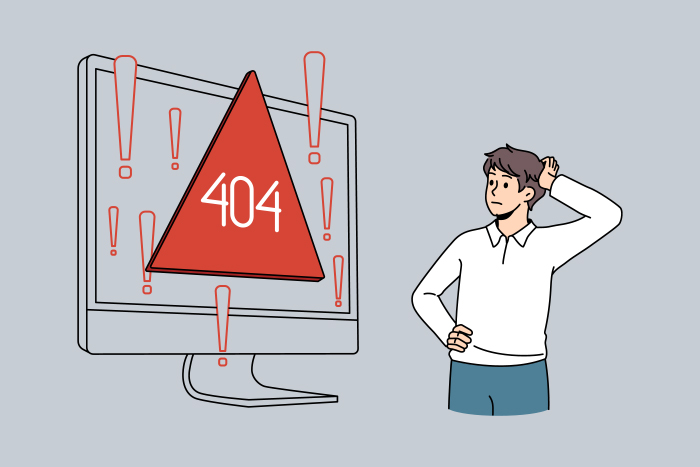 Illustration of confused person looking at computer screen with unknown error on device. 