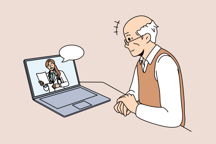 Concept de médecine en ligne et de télésanté. Illustration d'un patient âgé assis devant un ordinateur portable et consultant en ligne un médecin qui lui fait des recommandations.