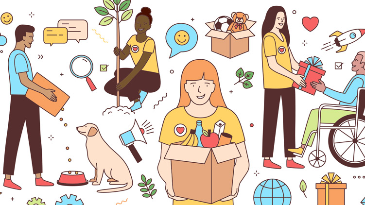 Illustration of volunteers feeding a dog, giving a gift to a disabled person, planting a tree and collecting garbage.