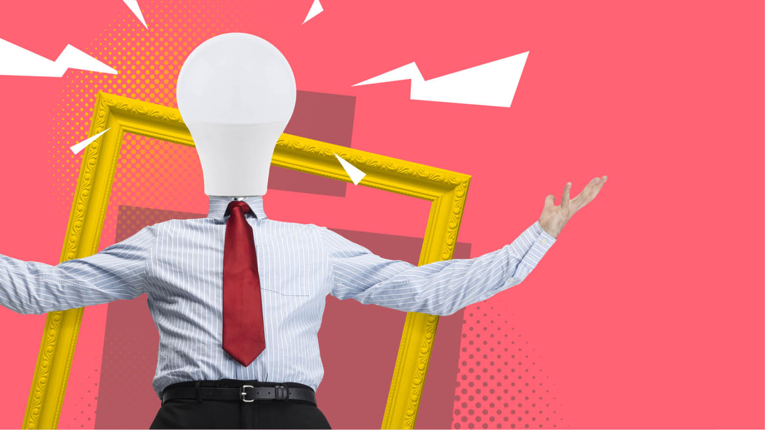 Contemporary art collage depicting intellectual property, featuring a man coming out of a frame with lightbulb head isolated over a bold background. 