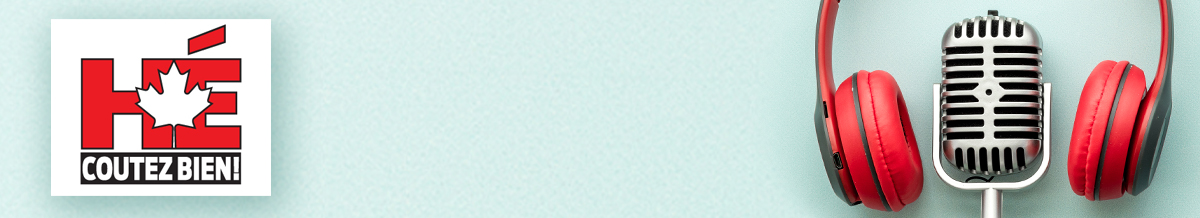 Le logo d' Hé-coutez bien! associé à une photographie d'écouteurs et de microphone.